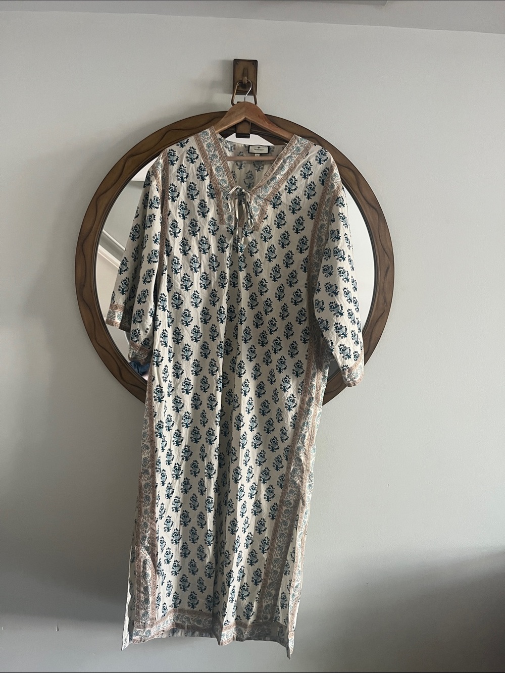 Tuckernuck Cream Midi Dress with Blue Floral Print and Tan Trim - Picture 2 of 8